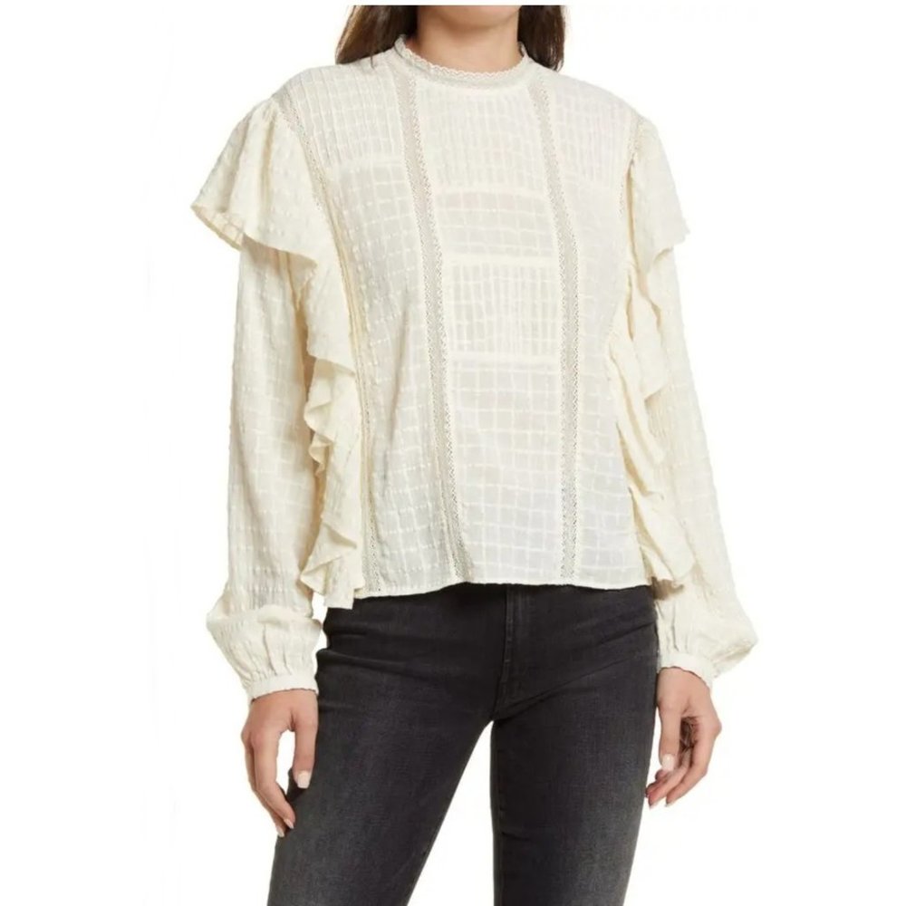 TREASURE & BOND Embroidered Ruffle Cotton Blouse - Ivory Birch. Size XL